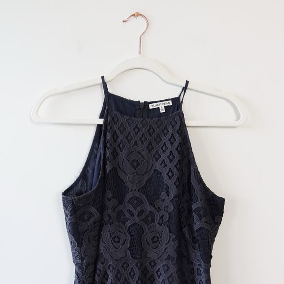 Lulu's Black Swan Charlotte Lace Skater Dress Charcoal Grey Small - Picture 3 of 8